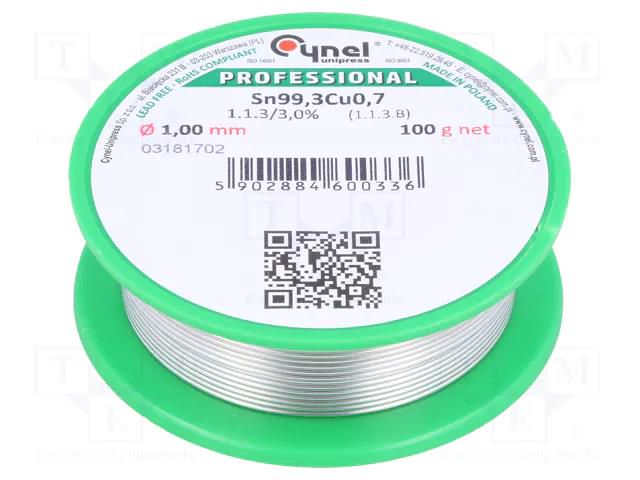 Tin; lead free; Sn99,3Cu0,7; 1mm; 100g; reel; 227°C; 3%; Flux: SW32 CYNEL SN99C-1.00/0.1