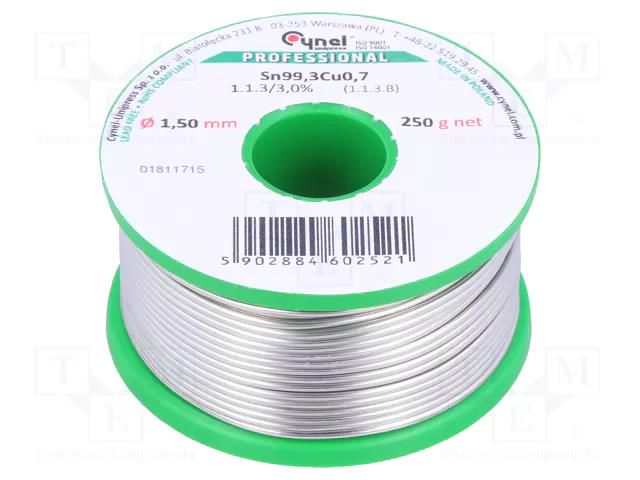 Tin; lead free; Sn99,3Cu0,7; 1.5mm; 250g; reel; Flux: CF48,No Clean CYNEL SN99C-1.5/0.25