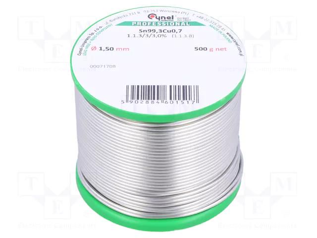 Tin; lead free; Sn99,3Cu0,7; 1.5mm; 500g; reel; 227°C; 3%; Flux: SW32 CYNEL SN99C-1.5/0.5