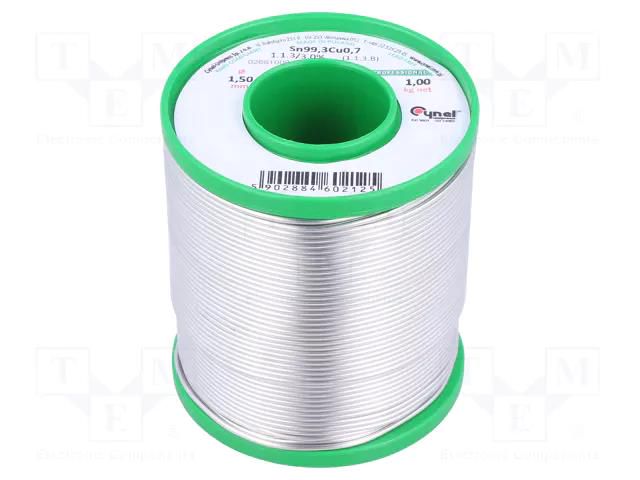 Tin; lead free; Sn99,3Cu0,7; 1.5mm; 1000g; reel; 227°C; 3% CYNEL SN99C-1.5/1.0