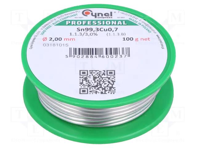 Tin; lead free; Sn99,3Cu0,7; 2mm; 100g; reel; 227°C; 3%; Flux: SW32 CYNEL SN99C-2.0/0.1