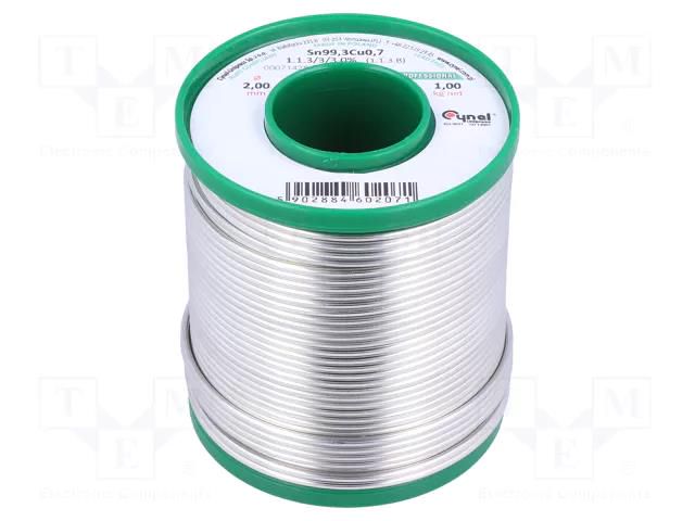 Tin; lead free; Sn99,3Cu0,7; 2mm; 1000g; reel; 227°C; 3%; Flux: SW32 CYNEL SN99C-2.0/1.0