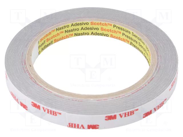 Tape: fixing; W: 12mm; L: 5.5m; Thk: 0.6mm; acrylic; grey 3M 3M-4936-12-5.5
