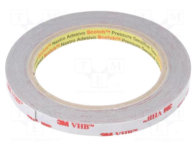 Tape: fixing; W: 9mm; L: 5.5m; Thk: 0.6mm; acrylic; grey 3M 3M-4936-9-5.5