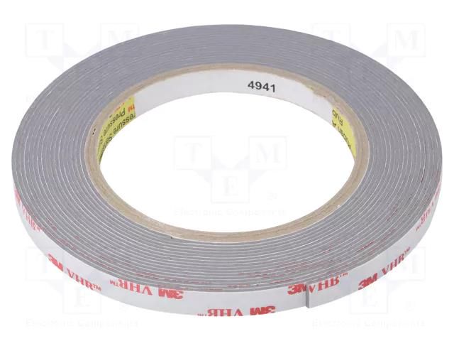 Tape: fixing; W: 9mm; L: 5m; Thk: 1.1mm; acrylic; grey; 93°C,max.149°C 3M 3M-4941-9-5