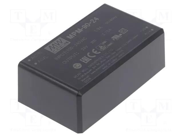 Converter: AC/DC; 90W; Uin: 80÷264VAC; 24VDC; Iout: 3.75A; OUT: 1; 93% MEAN WELL MPM-90-24