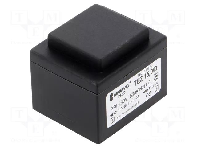 Transformer: encapsulated; 15VA; 230VAC; 15V; 1A; PCB; IP00; TEZ BREVE TUFVASSONS TEZ15/D/15V