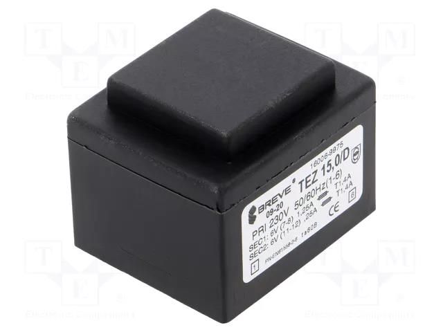 Transformer: encapsulated; 15VA; 230VAC; 6V; 6V; 1.25A; 1.25A; PCB BREVE TUFVASSONS TEZ15/D/6-6V