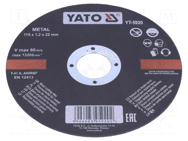 Cutting wheel; Ø: 115mm; Øhole: 22mm; Disc thick: 1.2mm; 13200rpm YATO YT-5920