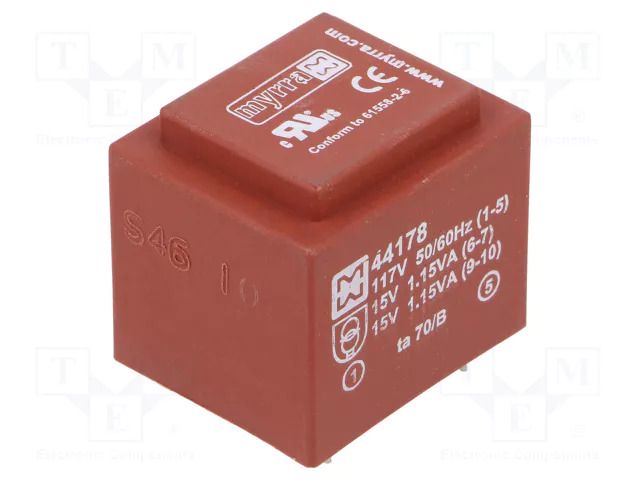 Transformer: encapsulated; 2.3VA; 117VAC; 15V; 15V; 77mA; 77mA; PCB MYRRA MYRRA-44178