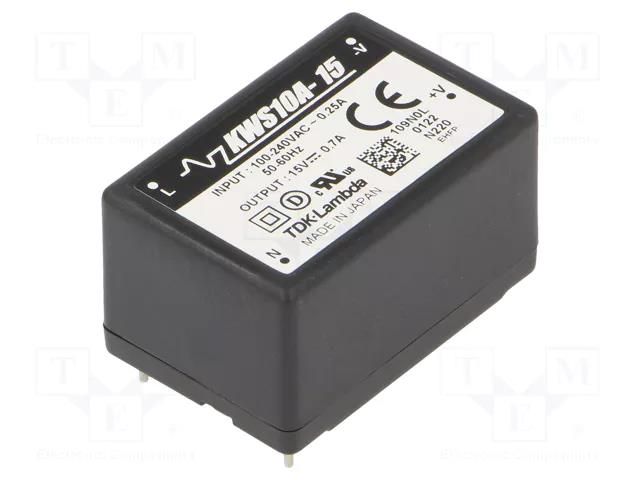 Converter: AC/DC; 10.5W; Uin: 85÷265VAC,120÷370VDC; Uout: 15VDC TDK-LAMBDA KWS10A-15