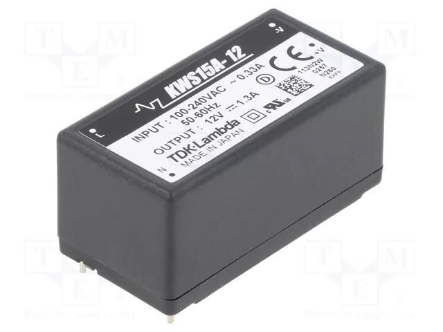 Converter: AC/DC; 15.6W; Uin: 85÷265VAC,120÷370VDC; Uout: 12VDC TDK-LAMBDA KWS15A-12