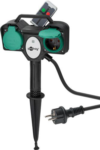 Garden Socket 2-Way with Remote Control, black-green, 2 m - especially suitable for outdoor use, splash-proof (IP44) 76779