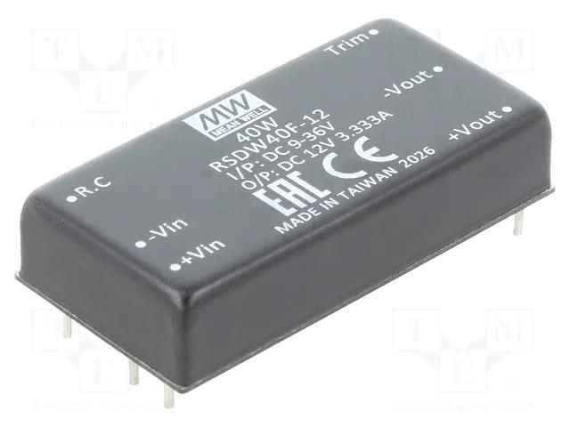 Converter: DC/DC; 40W; Uin: 9÷36VDC; Uout: 12VDC; Iout: 3.34A; 2"x1" MEAN WELL RSDW40F-12