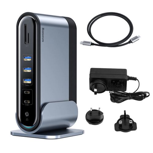 Baseus multifunctional HUB 3x USB 3.2 Gen 1 / 2x USB 2.0 / 2x USB Type C / SD and micro SD card reader / AUX / 3x HDMI / RJ45 1Gbps Power Delivery 100W (EU / CN / UK plugs) gray (CAHUB-DG0G), Baseus 6953156214347 6953156214347