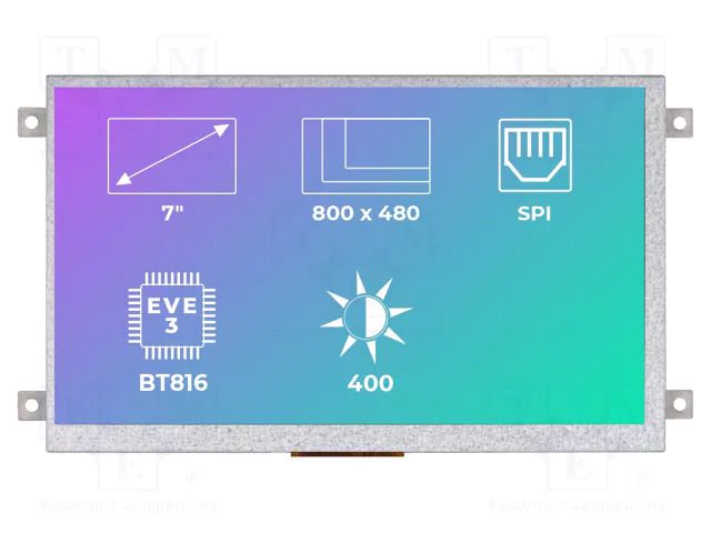 Display: TFT; 7"; 800x480; Illumin: LED; Dim: 165.6x100.6x10.03mm Riverdi SM-RVT70AQBFWN00