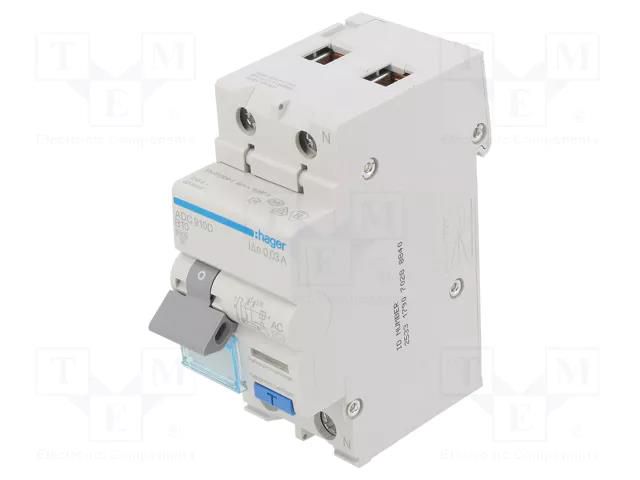RCBO breaker; Inom: 10A; Ires: 30mA; Max surge current: 250A; IP20 HAGER ADC910D