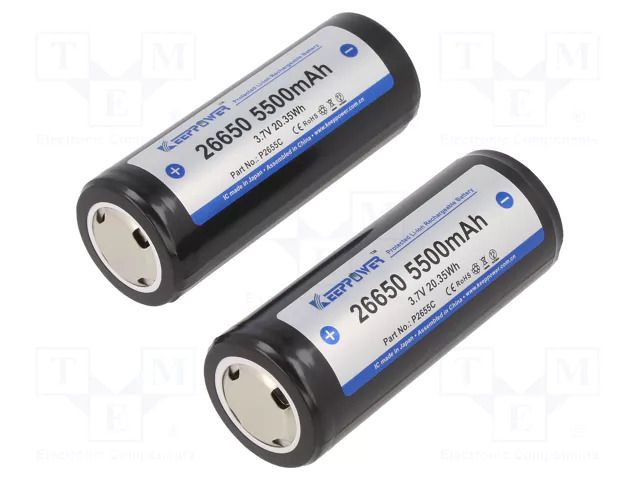Re-battery: Li-Ion; 26650; 3.7V; 5500mAh; Ø26.4x69.5mm; 2pcs. KEEPPOWER KP-ICR26650-550PCM