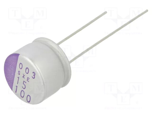 Capacitor: polymer; 15uF; 100VDC; THT; ±20%; Body dim: Ø10x8mm; 60mΩ PANASONIC 100SXE15MX