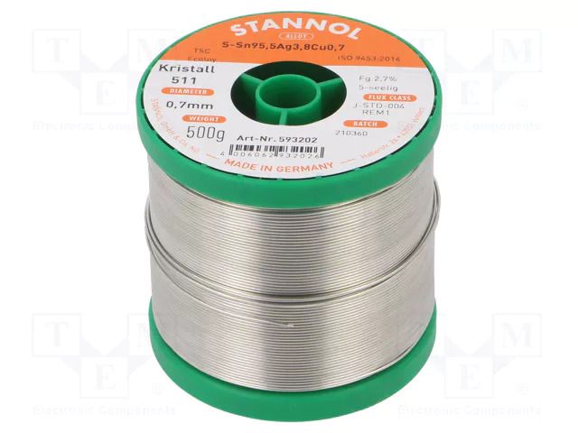 Tin; lead free; Sn95,5Ag3,8Cu0,7; 700um; 0.5kg; reel; 217°C STANNOL SN955K511/0.7/0.5