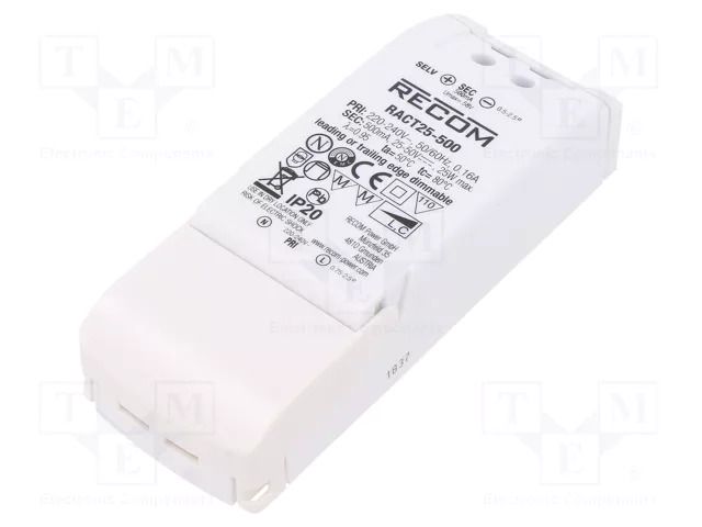 Power supply: switching; LED; 25W; 25÷50VDC; 500mA; 198÷264VAC RECOM RACT25-500