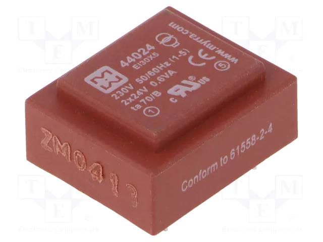 Transformer: encapsulated; 0.6VA; 230VAC; 24V; 24V; 12mA; 12mA; PCB MYRRA MYRRA-44024