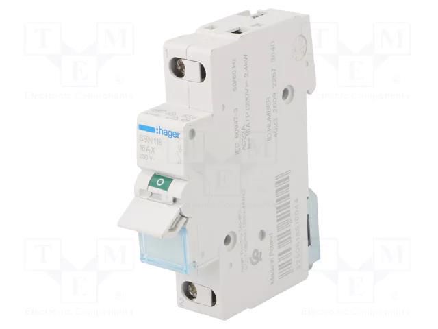 Switch-disconnector; Poles: 1; for DIN rail mounting; 16A; 230VAC HAGER SBN116