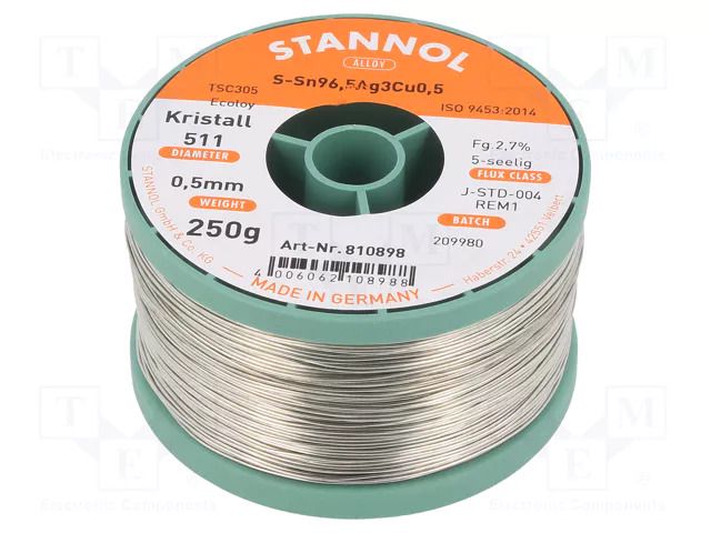 Tin; lead free; Sn96,5Ag3Cu0,5; 0.5mm; 0.25kg; reel; 217÷220°C STANNOL SAC305K511/0.5/250