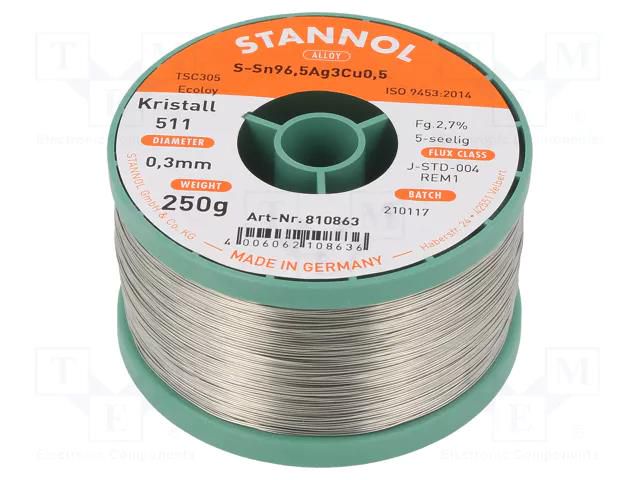 Tin; lead free; Sn96,5Ag3Cu0,5; 0.3mm; 0.25kg; reel; 217÷220°C STANNOL SAC305K511/0.3/250