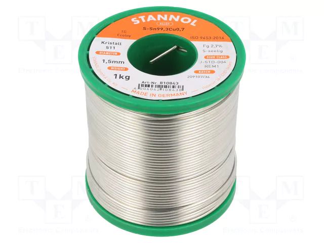 Tin; lead free; Sn99,3Cu0,7; 1.5mm; 1kg; reel; 227°C; Flux: SW26 STANNOL S99C1K511/1.5/1.0