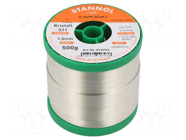 Tin; lead free; Sn99,3Cu0,7; 1mm; 0.5kg; reel; 227°C; Flux: SW26 STANNOL S99C1K511/1.0/0.5