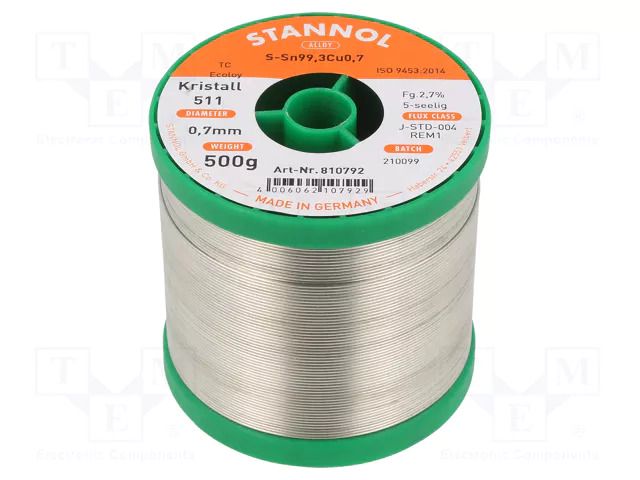 Tin; lead free; Sn99,3Cu0,7; 700um; 0.5kg; reel; 227°C; Flux: SW26 STANNOL S99C1K511/0.7/0.5