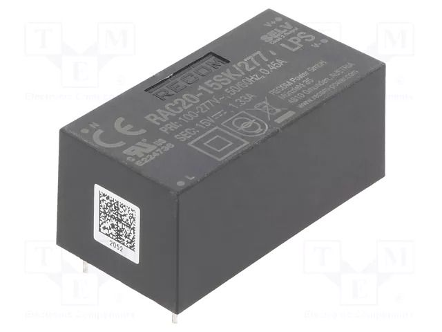 Converter: AC/DC; 20W; Uin: 85÷305VAC,120÷430VDC; Uout: 15VDC; 86% RECOM RAC20-15SK/277