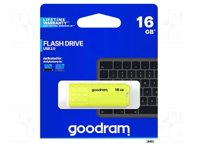 Pendrive; USB 2.0; 16GB; R: 20MB/s; W: 5MB/s; yellow; USB A GOODRAM UME2-0160Y0R11