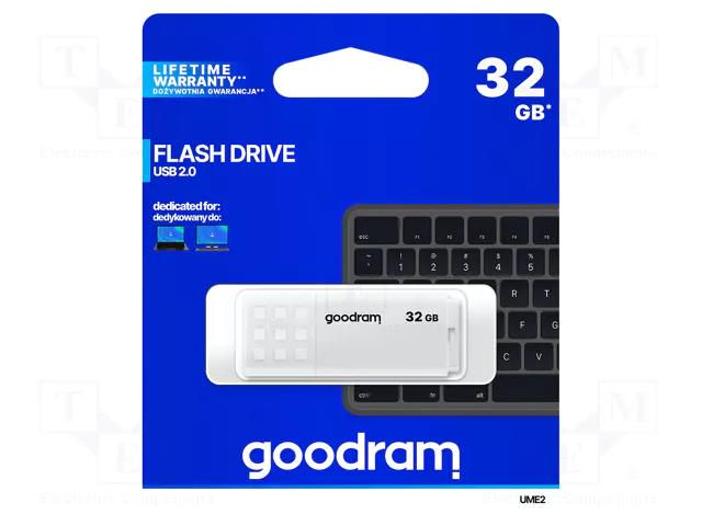 Pendrive; USB 2.0; 32GB; R: 20MB/s; W: 5MB/s; white; USB A GOODRAM UME2-0320W0R11