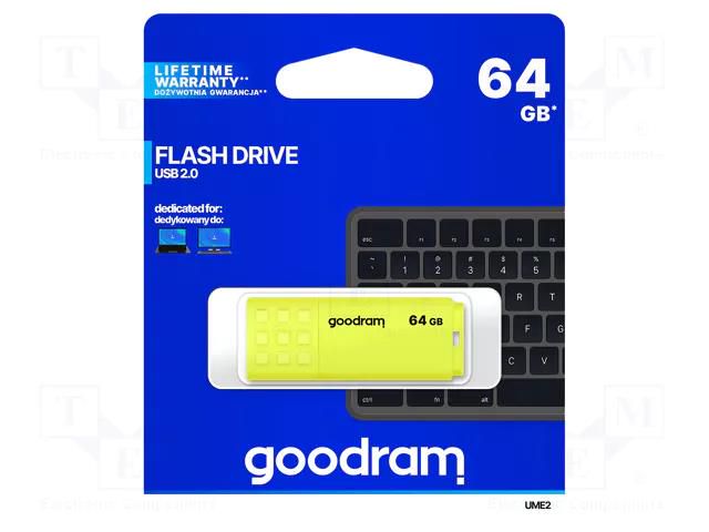 Pendrive; USB 2.0; 64GB; R: 20MB/s; W: 5MB/s; yellow; USB A GOODRAM UME2-0640Y0R11