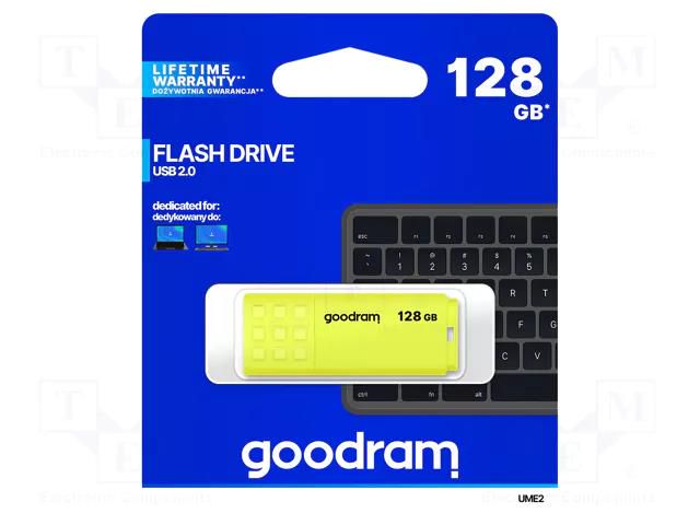 Pendrive; USB 2.0; 128GB; R: 20MB/s; W: 5MB/s; yellow; USB A GOODRAM UME2-1280Y0R11