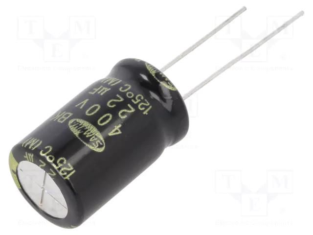 Capacitor: electrolytic; THT; 22uF; 400VDC; Ø12.5x20mm; ±20%; 5000h SAMWHA BK2G226M12020BB