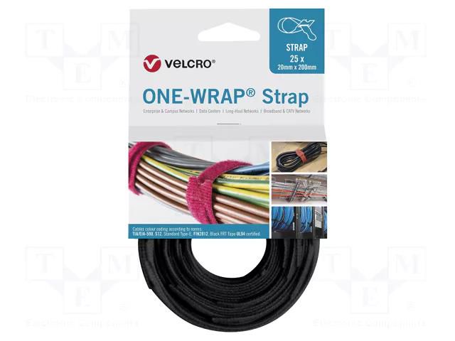 Tape: hook and loop; W: 20mm; L: 0.2m; black; reel; 25pcs. VELCRO® STRAP-20X200-25-BK