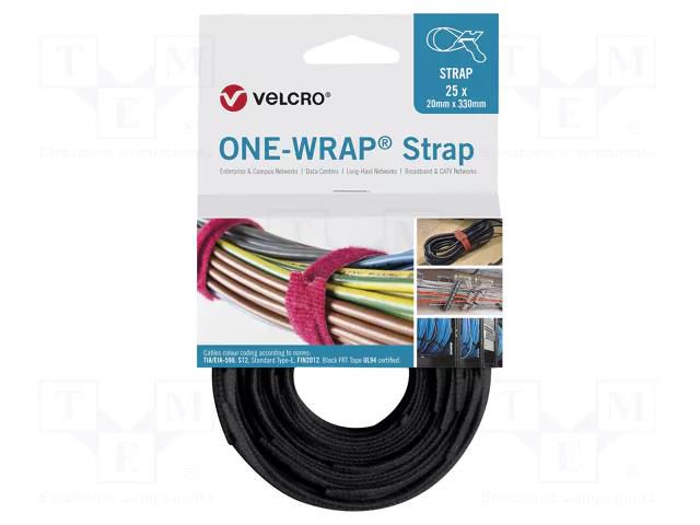 Tape: hook and loop; W: 20mm; L: 0.33m; black; reel; 25pcs. VELCRO® STRAP-20X330-25-BK