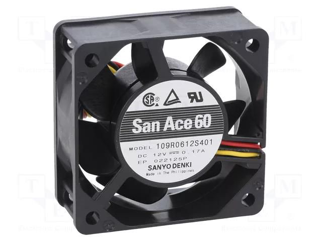 Fan: DC; axial; 12VDC; 60x60x25mm; 39m3/h; 33dBA; ball; 4600rpm SANYO DENKI 109R0612S401