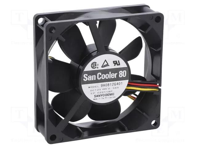 Fan: DC; axial; 12VDC; 80x80x25mm; 90m3/h; 40dBA; ball; 4500rpm SANYO DENKI 9A0812G401