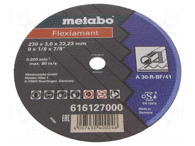 Cutting wheel; Ø: 230mm; Øhole: 22.2mm; Disc thick: 3mm; steel METABO MTB.616127000