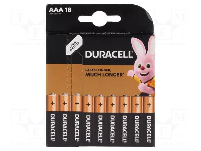 Battery: alkaline; AAA,R3; 1.5V; non-rechargeable; 18pcs. DURACELL BAT-LR3/DR-B18