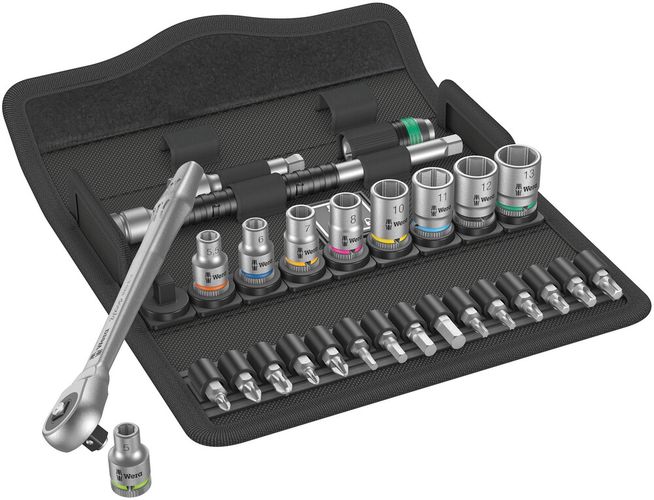 8100 SA 7 Zyklop Metal Ratchet Set with push-through square, 1/4" drive, metric, 1 x 1/4"x141; 1 x 5.0x23.0; 1 x 5.5x23.0; 1 x 6.0x23.0; 1 x 7.0x23.0; 1 x 8.0x23.0; 1 x 10.0x23.0; 1 x 11.0x23.0; 1 x 12.0x23.0; 1 x 13.0x23.0; 1 x 1/4"x150.0; 1 x 1/4"x56.0; 05004017001