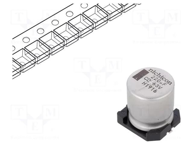 Capacitor: electrolytic; low ESR; SMD; 220uF; 63VDC; Ø12.5x13.5mm NICHICON UCD1J221MNQ1MS