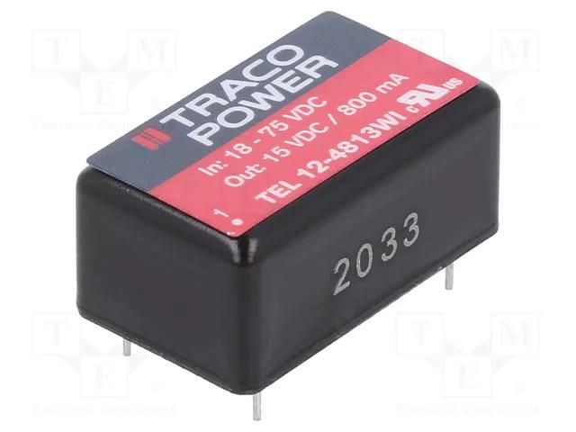 Converter: DC/DC; 12W; Uin: 18÷75VDC; Uout: 15VDC; Iout: 800mA; DIP16 TRACO POWER TEL12-4813WI