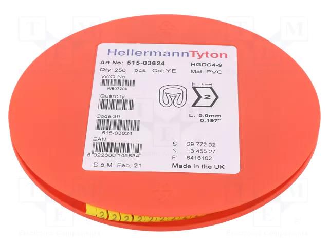 Markers; Marking: 2; 4÷9mm; PVC; yellow; -65÷105°C; leaded; HGDC4-9 HELLERMANNTYTON HGDC4-92-PVC-YE