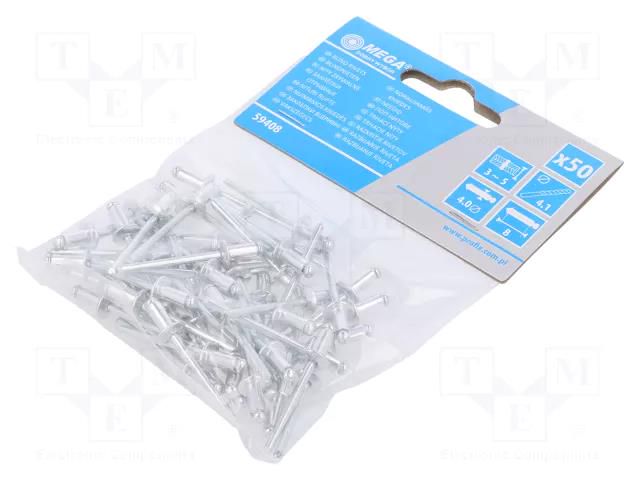 Rivet; aluminium; Rivet diam: 4mm; L.rivet: 8mm; 50pcs. MEGA MGA-59408