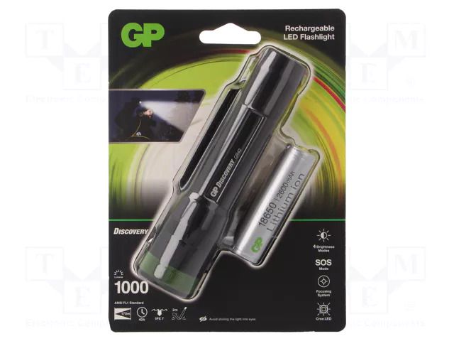 Torch: LED; waterproof; 1000lm; 40h; Ø33x142.5mm; USB cable GP GP-CR42